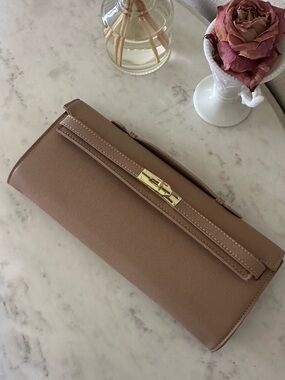 Taupe Kelly Pochette 30 cm faux Leather Clutch with Gold Hardware